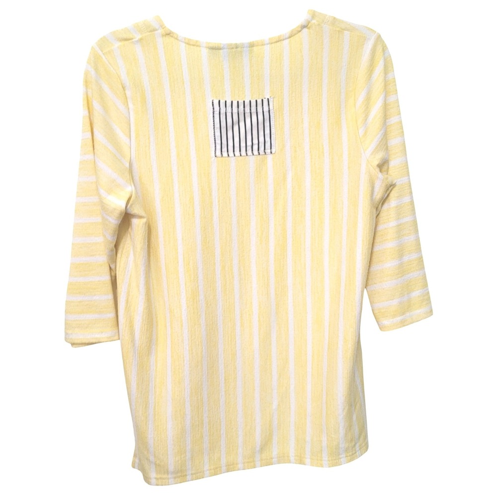 Onque Casual Striped Top Womens S Yellow White 3/4 Sleeve Mixed Stripe V-Neck